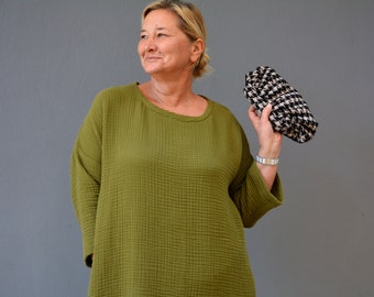 Vestido túnica verde oliva de gasa doble de talla grande, ropa de muselina de gran tamaño