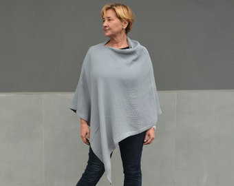 Gray asymmetrical poncho, Cotton gauze top for womens, Poncho sweater