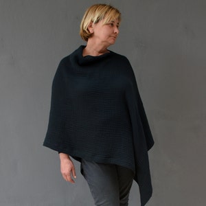 Cotton muslin poncho top, Double gauze tunic top women Black