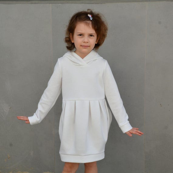Toddler Girls Spring Quilted Hooded Off White Dress, Hoodie Winter Sweatshirt