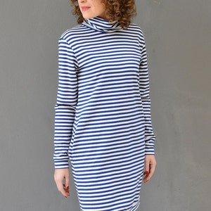 Turtleneck shift sweatshirt dress, High neck jumper tunic Blue