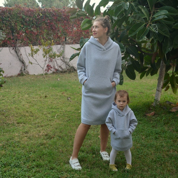 Winter Mama und ich Hoodie Sweatshirt Fleece Baumwolle Kleid mit Kängurutasche, lange Ärmel