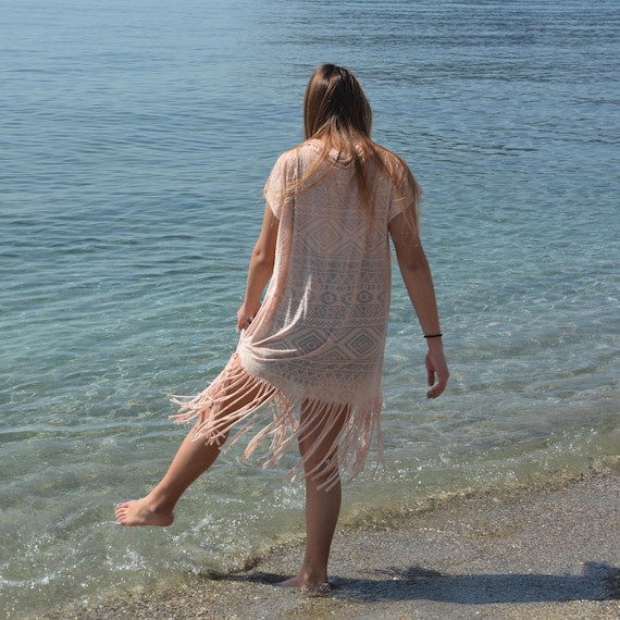 Beach cover up fringe tank top tshirt dress cotton