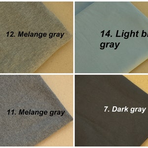 Puede incluir: Cuatro muestras de tela en diferentes tonos de gris y gris azul claro. Las muestras est&aacute;n etiquetadas con n&uacute;meros y nombres de colores: 12. Gris melange, 11. Gris melange, 7. Gris oscuro y 14. Gris azul claro.