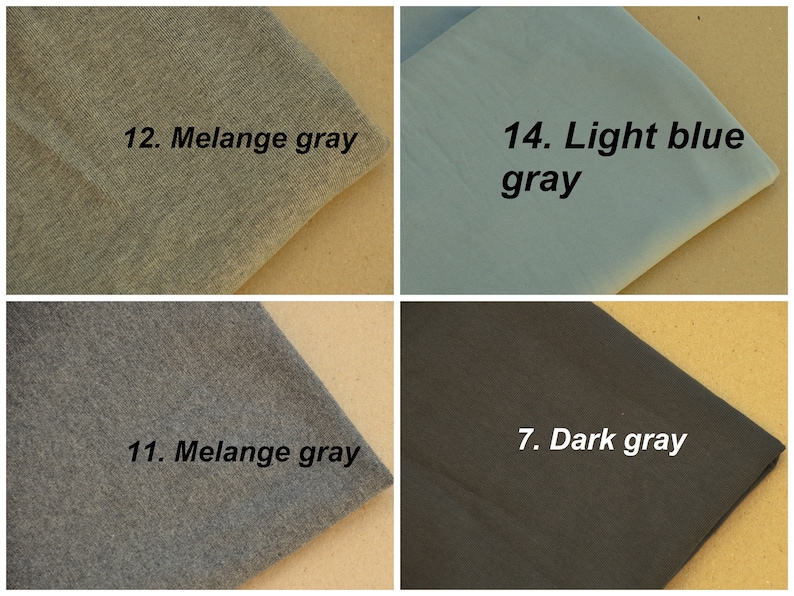 Puede incluir: Cuatro muestras de tela en diferentes tonos de gris y gris azul claro. Las muestras est&aacute;n etiquetadas con n&uacute;meros y nombres de colores: 12. Gris melange, 11. Gris melange, 7. Gris oscuro y 14. Gris azul claro.