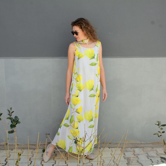 Yellow Floral Midi Dress Sleeveless Sundress