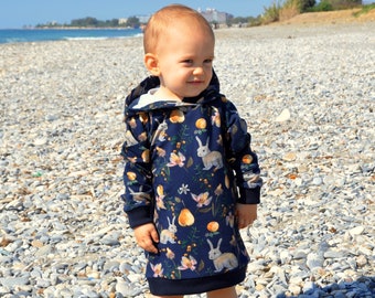 Hooded Navy Blue Bunny Print Baby Girl Dress, Floral Outfits Winter