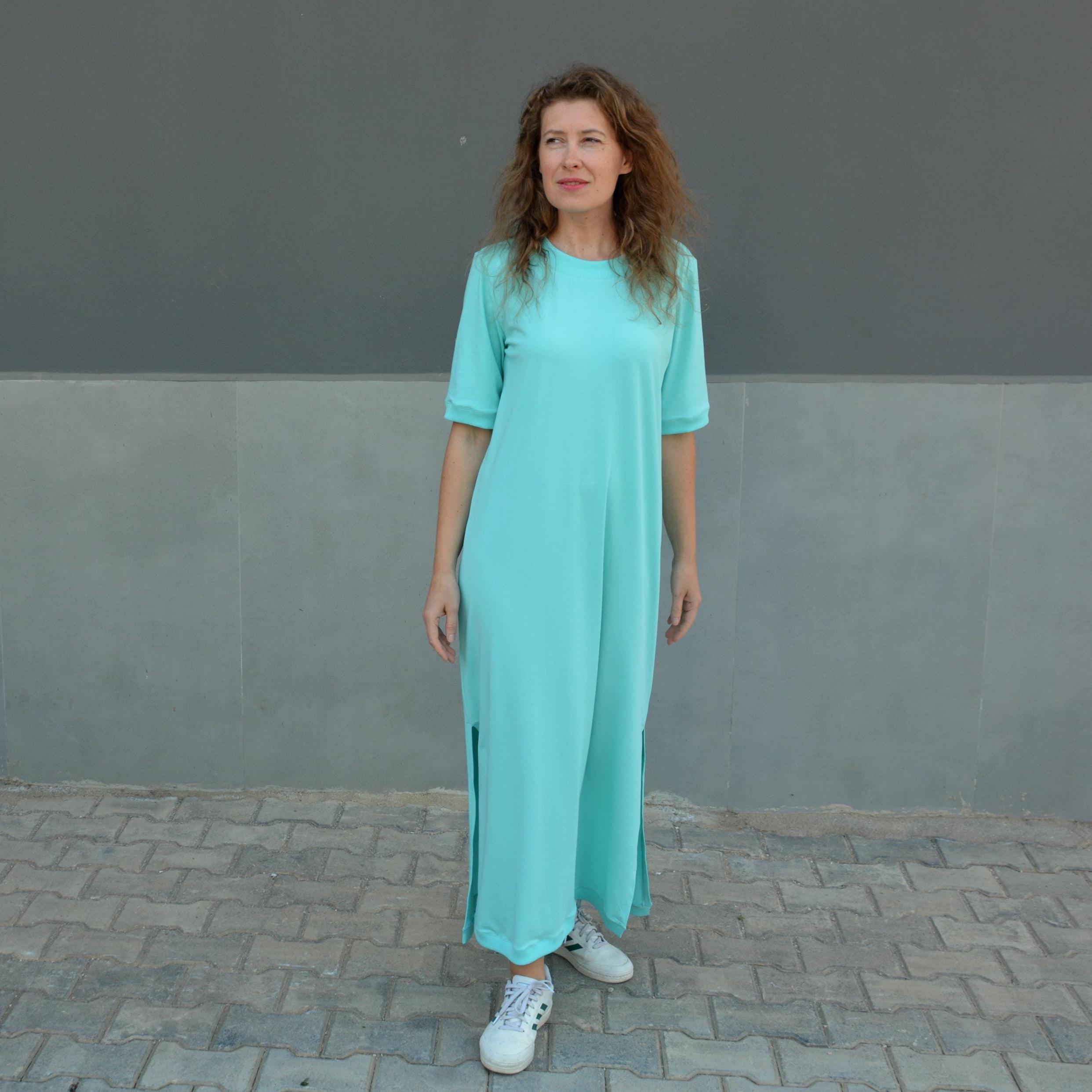 Mint Green Dress With Sleeves Lega Long Cotton Dress Bruna Turquoise Pencil Dress Blue Women 3/ Mint Green Dress With Sleeves Lega Long Cotton Dress Bruna Turquoise Pencil Dress Blue Women 3/