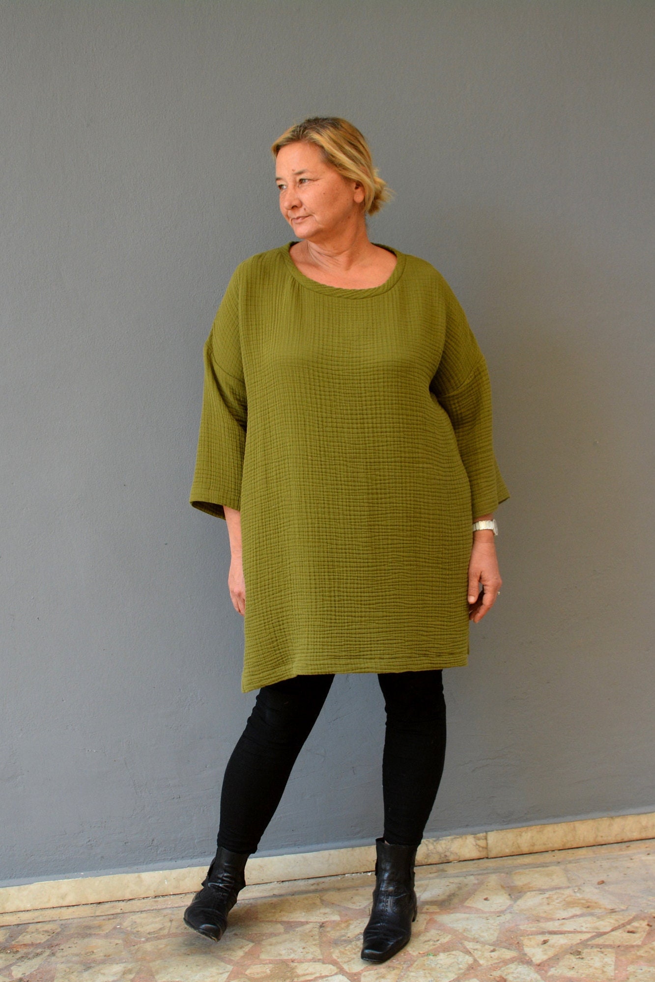 Double gauze plus size olive green tunic dress, Oversized muslin clothing