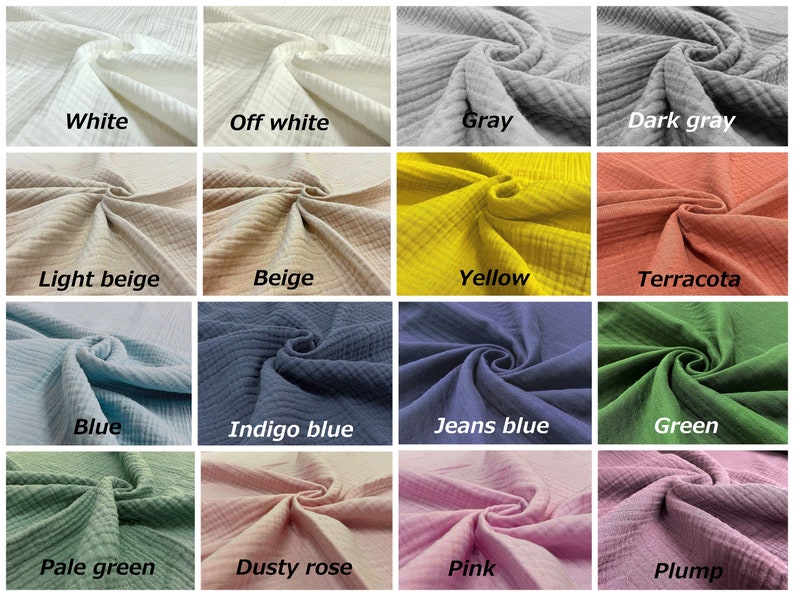 Puede incluir: Una colecci&oacute;n de 16 muestras de tela en varios colores, incluyendo blanco, blanco roto, gris, gris oscuro, beige claro, beige, amarillo, terracota, azul, azul &iacute;ndigo, azul vaquero, verde, verde claro, rosa polvoriento, rosa y ciruela. La tela es un algod&oacute;n suave y texturizado.