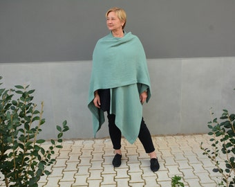 Green Plus Size Cotton Poncho - Wrap Cape Cloak, Oversized Scarf, Gift for Wife - Double Gauze Women's