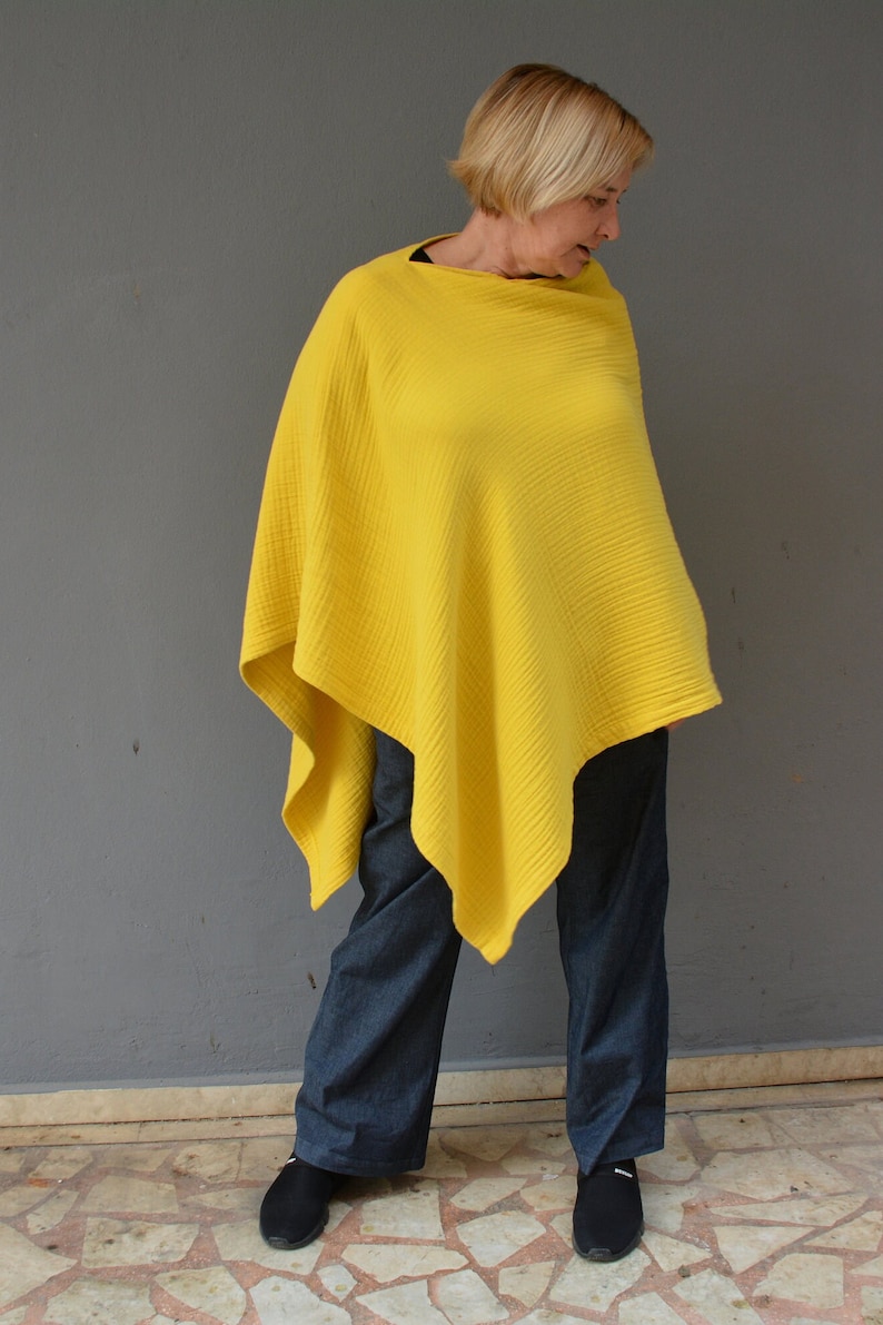 Cotton muslin poncho top, Double gauze tunic top women Yellow