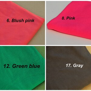 May include: Four fabric swatches in different colours. The top left swatch is a light pink colour labelled "6. Blush pink". The top right swatch is a bright pink colour labelled "8. Pink". The bottom left swatch is a green colour labelled "12. Green blue". The bottom right swatch is a dark grey colour labelled "17. Gray".