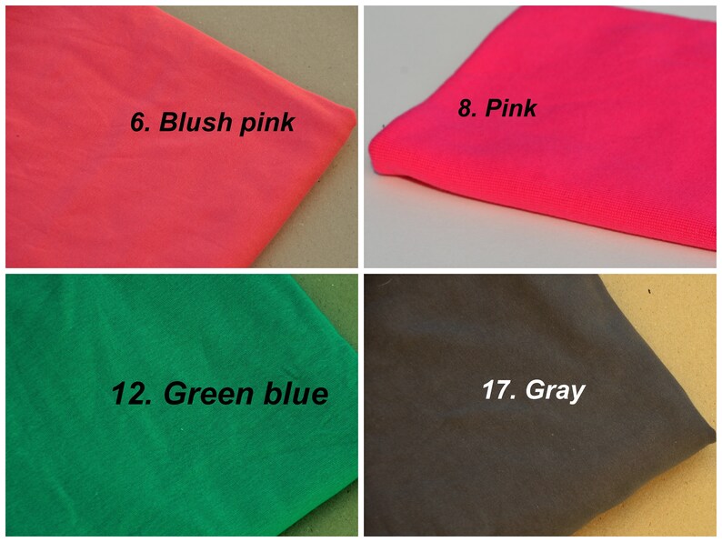 May include: Four fabric swatches in different colours. The top left swatch is a light pink colour labelled "6. Blush pink". The top right swatch is a bright pink colour labelled "8. Pink". The bottom left swatch is a green colour labelled "12. Green blue". The bottom right swatch is a dark grey colour labelled "17. Gray".