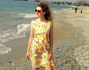 Elegant, lemon print, pleated dress, Floral sundress