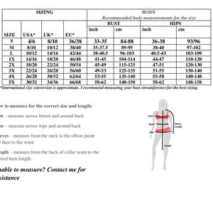 Puede incluir: Tabla de tallas para ropa con medidas en pulgadas y cent&iacute;metros. La tabla incluye tallas de S a 5X, con las medidas de busto y cadera correspondientes. La tabla tambi&eacute;n incluye instrucciones sobre c&oacute;mo medir para el tama&ntilde;o y la longitud correctos.