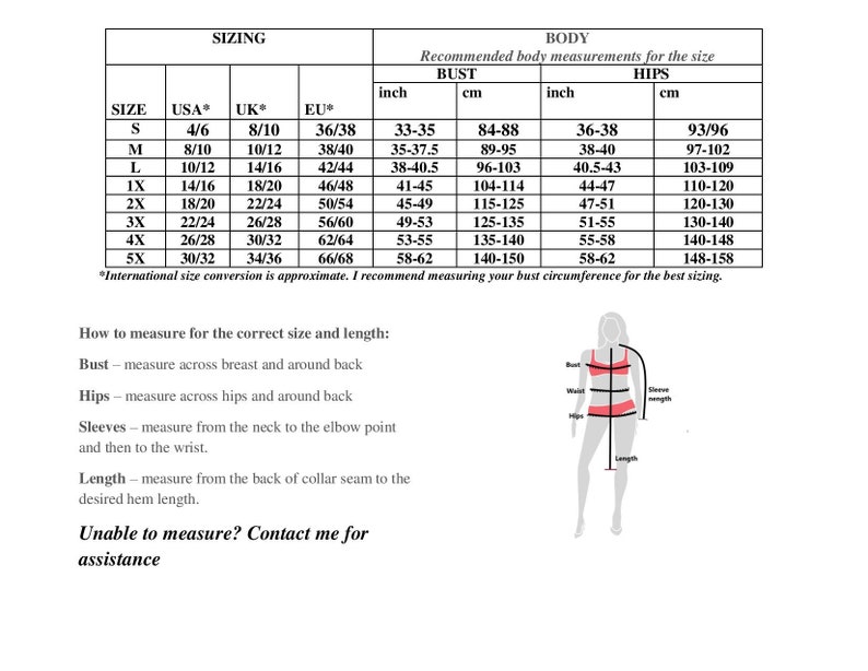 Puede incluir: Tabla de tallas para ropa con medidas en pulgadas y cent&iacute;metros. La tabla incluye tallas de S a 5X, con las medidas de busto y cadera correspondientes. La tabla tambi&eacute;n incluye instrucciones sobre c&oacute;mo medir para el tama&ntilde;o y la longitud correctos.
