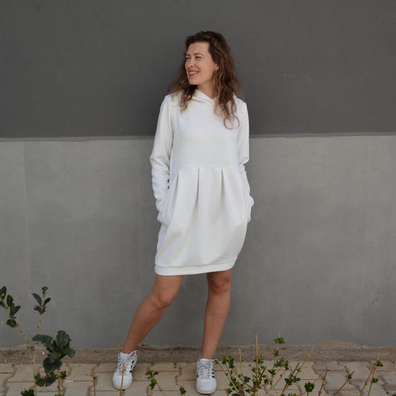 Quilted Hooded Dress: Off White Cotton Winter Mini Dress