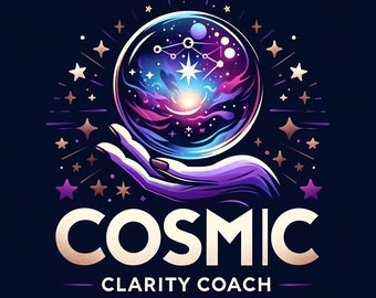 May include: A graphic illustration featuring a stylized hand holding a glowing crystal ball filled with swirling nebula colors, stars, and a constellation. Below the hand, the text reads COSMIC CLARITY COACH in bold, light-colored lettering.
