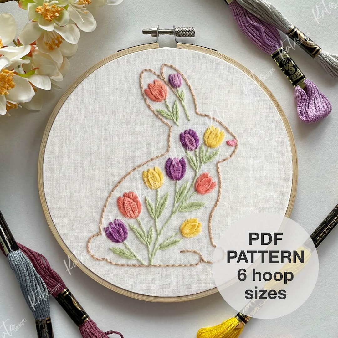 Easter Bunny Embroidery Pattern – Floral Rabbit With Tulips (beginner ...