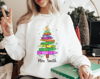 Custom Name Crayon Tree Christmas Shirt, Christmas Teacher Custom Shirt, One Merry Teacher, Christmas Gift For Teacher