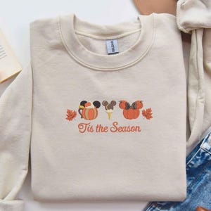 Tis The Season Embroidered Sweatshirt, Autumn Coffee Cupcake Pumpkin Mouse Leaves Embroidered Shirt, Fall Pattern Hoodie, Thanksgiving Shirt
