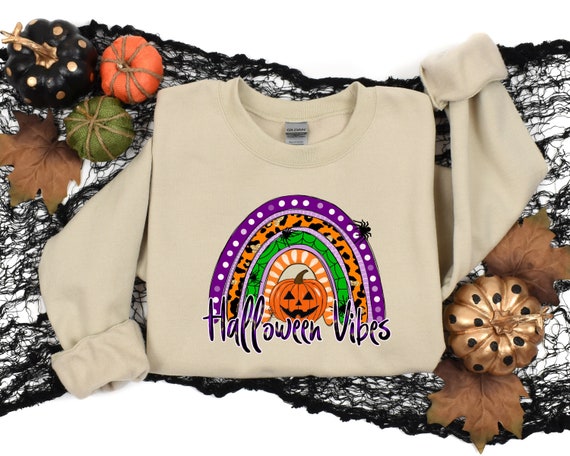 Halloween Vibes Shirt, Halloween Shirt, Pumpkin Graphic Tee, Halloween Rainbow shirt, Witch Shirt, Trick or Treat Dinosaur Shirt