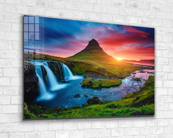 Vulcano Kirkjufell, decorazioni in vetro islandese, decorazioni su tela, arte murale in vetro, arte murale su tela, arte moderna, decorazioni per stanze moderne