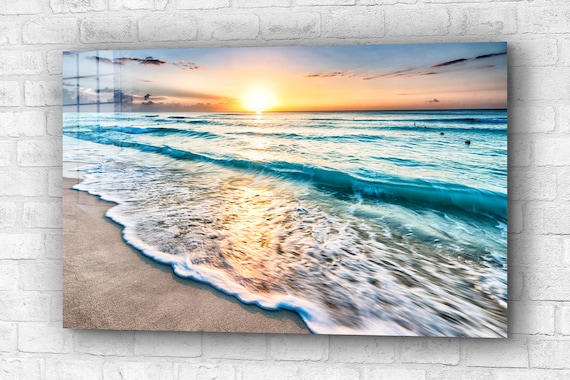 Glass Picture Toughened Wall Art Unique Modern Sea Waves View Sunset Any Size