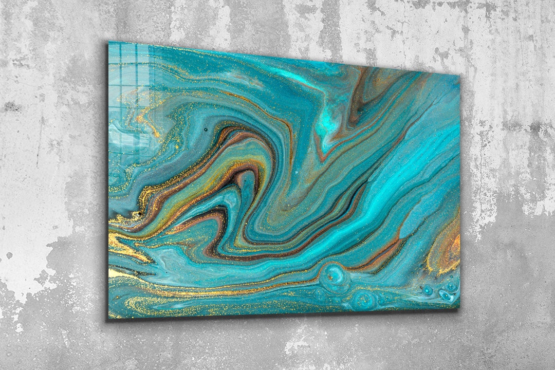 Teal & Gold Abstract Glass Wall Art: Modern Canvas Decor - Etsy
