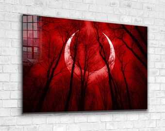 Luna Rossa, Luna sulla Foresta, Arte da Parete in Vetro, Arte da Parete su Tela, Arte Moderna, Decorazione Moderna per la Stanza, Regalo per la Festa della Mamma