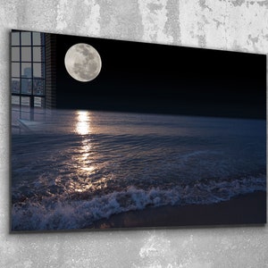 Night and Full Moon,Night Beach,Beach Wave Canvas Decor, Glass Wall Art ,  Canvas Wall Art , Modern Art,  , Room Decor Mother's Day Gift
