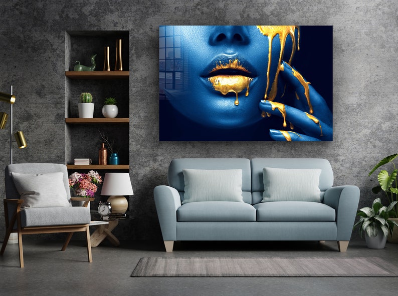 Blue Face , Gold Lips , Canvas Decor , Glass Wall Art , Canvas Wall Art ...