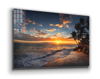 Decorazione da parete in vetro temperato, decorazione da parete su tela, decorazione da parete al tramonto sulla spiaggia tropicale, stampa su vetro, stampa su tela, decorazione da parete grande, arazzi