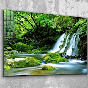 Home Dceor-Forest In The Waterfall-Glass and Canvas Wall Art-Modern Art Decor-Custom Size Wall Art-Best Gift Idea -Mother&#39;s Day Gift