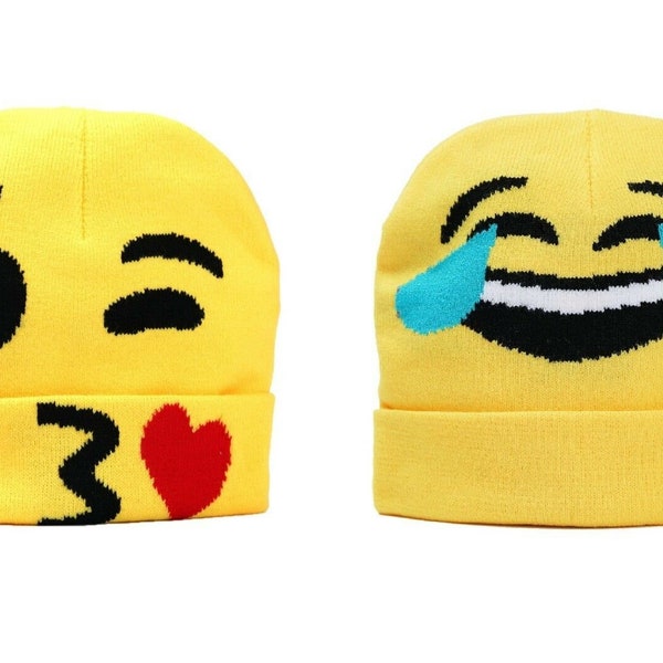 Emoji Beanie Hat Winter Gift Yellow Kids Knit Fabric One Size Laugh Kiss Face Love Funny Stocking Stuffer Stretchy Adults Family Matching