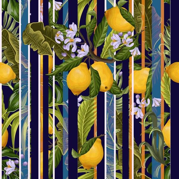 Alize Fabrics-Upholstery-Furniture-Drapery-PES- Fruit and Vegetable fabrics -lemon flower branches on striped background fabric by the yards