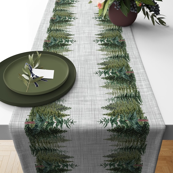 Chemin de table de Noël, chemin de table en tissu d’hiver de pins avec effet lin cadeau de Noël nappe de décoration de Noël best-seller