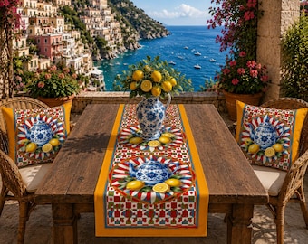 Camino de mesa de limón siciliano, camino de mesa estrecho de mayólica italiana de 33 cm, decoración mediterránea colorida, longitud personalizada.