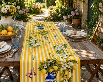 Camino de mesa Lemon, camino de mesa a rayas amarillas de 33 cm, decoración de mesa de la costa mediterránea de Amalfi, longitud personalizada.