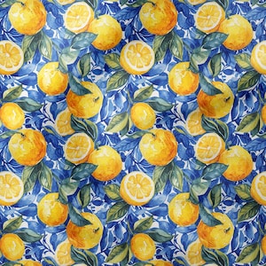 Alize Fabrics-Tappezzeria-Mobili-Tende-PES- Tessuto stampato digitale Azulejo Lemons Blue Leaves Design-1
