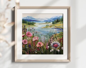 Panel de tela con bordado de flores silvestres y paisaje: impresión digital con textura de panal para decoración cottagecore