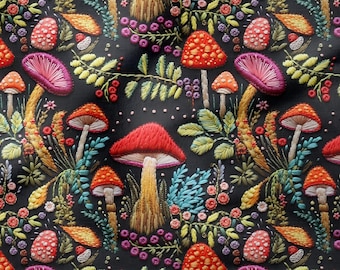 Estampado de hongos y flores de colores sobre fondo negro – Tejido de microfibra de poliéster – 143 cm de ancho – Tapicería – Muebles – Cortinas – PES
