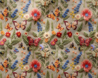 3D Digital Printed Fabric With Butterfly Flower With Vintage Embroidery Look -Upholstery-Furniture-Drapery-PES