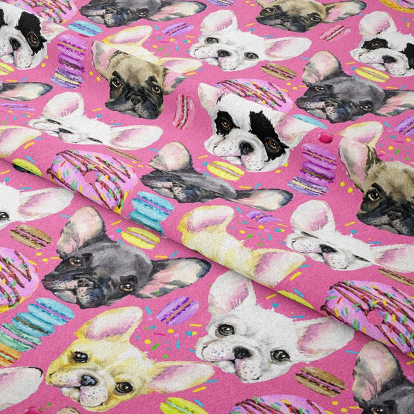 Alize Fabrics-French Bulldog Patterned Fabric with Macaron with Pink Background-Upholstery-Home Textile Project-PES-Dog Patterned Fabric