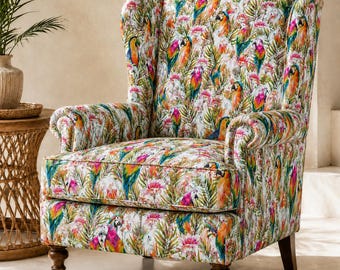 White Tropical Bird Fabric by the Meter, Watercolor Parrot Macaw Cockatoo Toucan Print, Colorful Polyester for Curtains, Bags and Decor