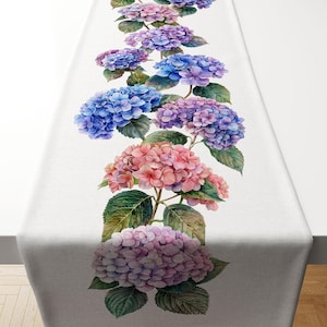 May include: A white table runner with a vertical line of pink, purple, and blue hydrangea flowers. The flowers are painted in a watercolor style and have green leaves.