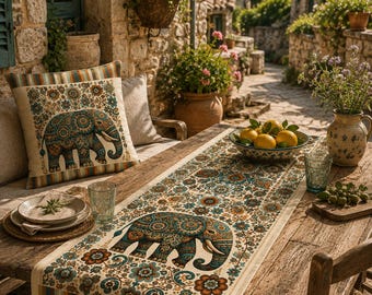 Camino de mesa extralargo de 35,5 x 274 cm, decoración de mesa bohemia con elefantes, camino de mesa floral turquesa y naranja.