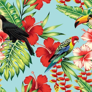 Alize Fabrics-Upholstery-Furniture-Drapery-PES- Summer Fabric,Tropical Animal,Tropical plants,Fresh background on flowers,Toucan fabric