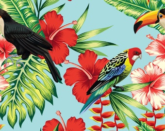Alize Stoff-Polsterstoff-Möbel-Draperie-PES-Sommerstoff,Tropische Tiere,Tropische Pflanzen,Frischer Hintergrund auf Blumen,Tukanstoff